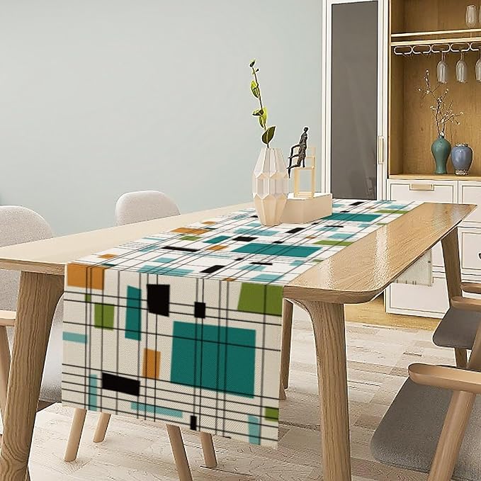 Mid Century Table Runner, 1970s Modern Geometric Pattern Contemporary Style Table Runner Country Farmhouse Cottage Linen Table Decoration for Home Kitchen Dining,13x70 Inch