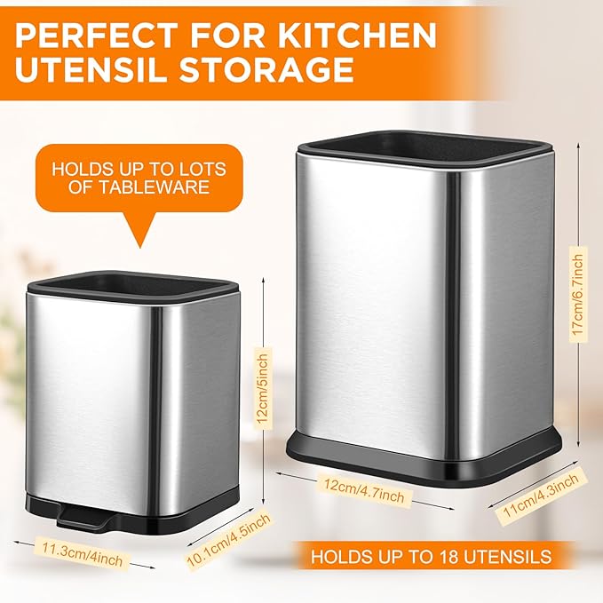 MorningRo 2 Pcs Kitchen Utensil Holder for Countertop Stainless Steel Utensil Caddy, Spoon Spatula Organizers with Drainage Holes Small Flatware Utensil Crock for Kitchen Counter, Silver(Square)