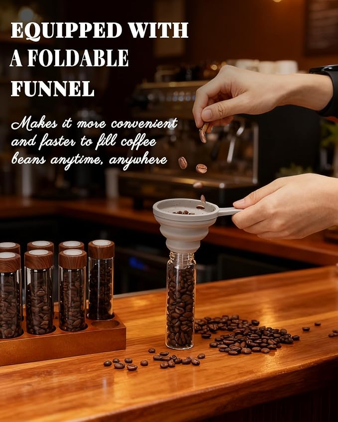 12 Pcs Single Dose Coffee Bean Storage Tubes, Coffee Bean Container for Espresso with One-Way Valve, Espresso Storage kit with Walnut Stand, Collapsible Silicone Funnel & Labels