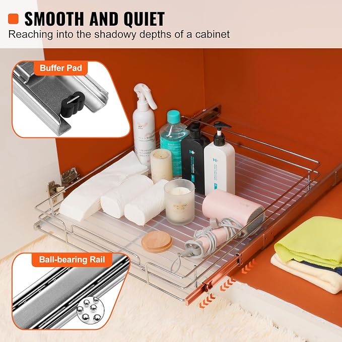 VEVOR 21.5" Wx21 Dx3.5 H Pull Out Cabinet Organizer, Heavy Duty Slide Out Pantry Shelves, Chrome-Plated Steel Roll Out Drawers, Storage for Home, Under Sink, 23" Wx22 Dx7 H Install Size for Cabinet