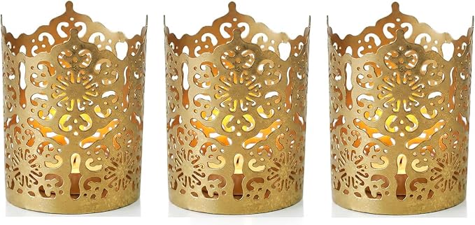 Hosley Set of 3 Gold Diamond Cut Candle Holders 4 Inches High Elevate Your Space with Elegant Metal Candle Holders in a Value Pack