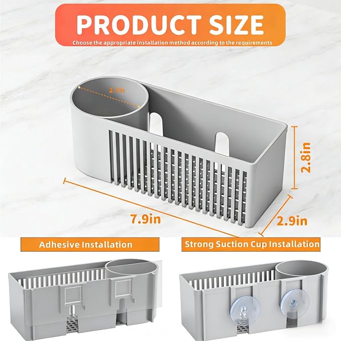SuoXing Inside Sink Sponge Holder,Grey Rustproof Sink Caddy and Scrub Holder for Kitchen Sink with Suction Cup,Adhesive,Plastic Dish Sink Organizer for Scrub Brush,Scrubber,Dish Sponge,Spinge Holder