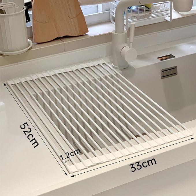 Roll Up Dish Drying Rack Over The Sink.Foldable Kitchen Drainer,Fully Silicone Cover Stainless Steel Bar,Heat-Resistant, Anti-Slip Sink Rack for Kitchen Counter Multipurpose.