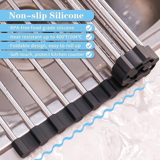 Seropy Roll Up Dish Drying Rack Over The Sink Drying Rack for Kitchen Counter, Folding Dish Rack Over Sink Mat, Stainless Steel Dish Drainer Rack Kitchen Sink Organizer Accessories 17.5"x13.7"