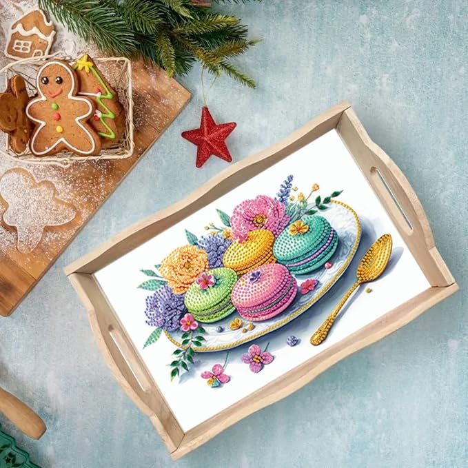 DIY Diamond Serving Tray Rectangular Wooden Breakfast Tray with Handle Handmade Diamond Art Painting Spring Creative Dinner Plate Coffee Room Living Home Organizer-Macarons