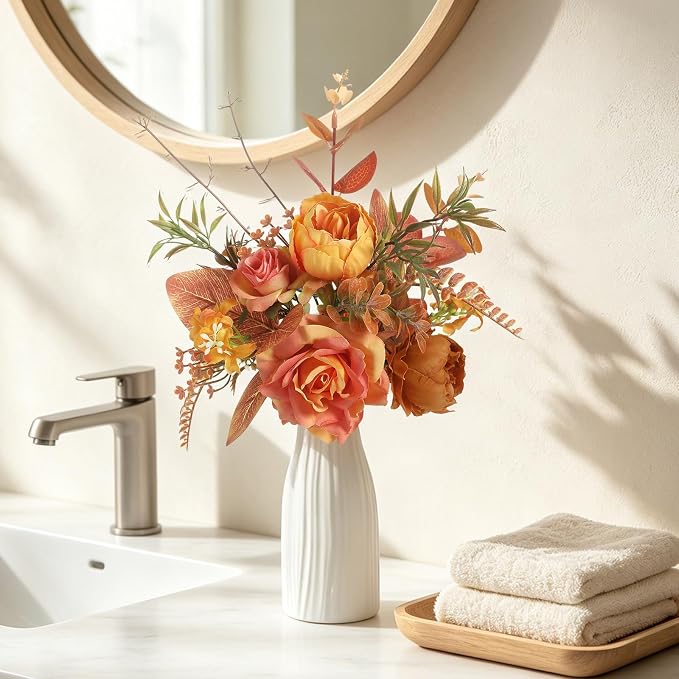 Small 11.8" Artificial Flowers in Ceramic Vase - Orange Silk Flower Centerpiece for Dining Table, Office, Wedding & Farmhouse, Home Decor