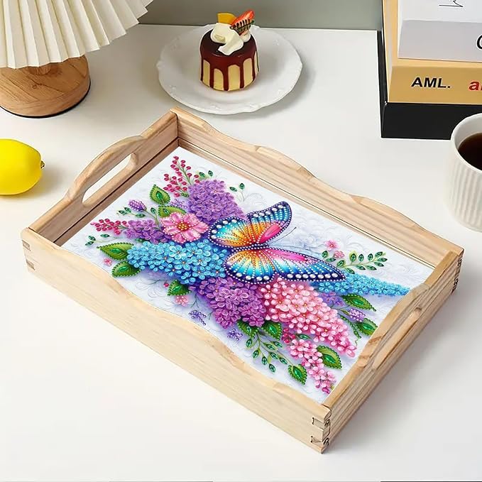 DIY Diamond Serving Tray with Handle Handmade Gem Painting Wooden Rectangular Breakfast Tray for Dinner Plate Coffee Room Living Home Organizer-Butterfly Flower