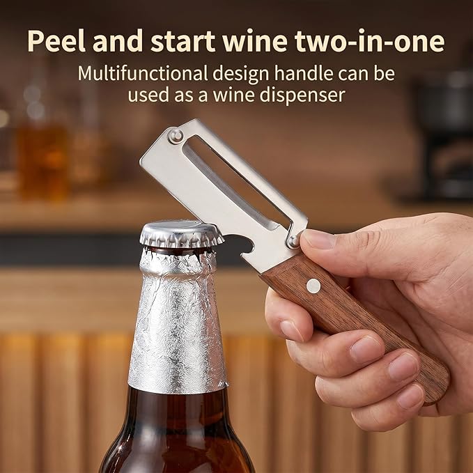 Vegetable Peeler with Wooden Handle, 2 Pcs Stainless Steel Potato Peeler for Kitchen, Heavy Duty Veggie and Fruit Slicer with Built-in Bottle Opener (Silver)