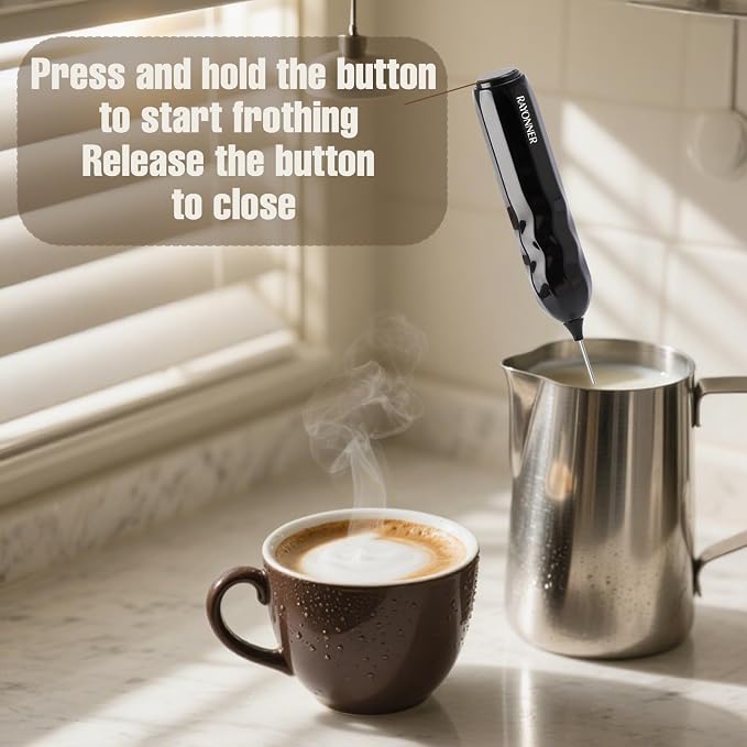 RAYONNER Milk Frother Handheld Fast Powerful Drink Mixer with Stainless Steel Whisk for Coffee (2Pack Black with Stand)
