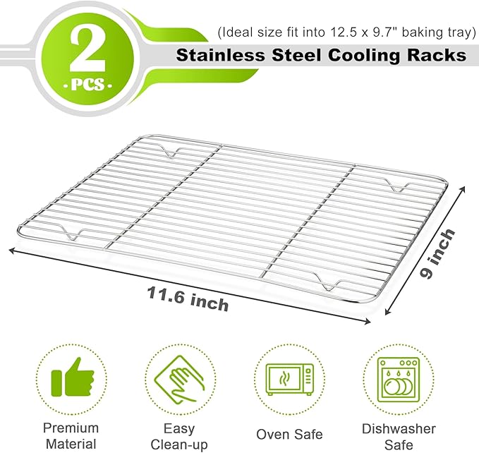 P&P CHEF Cooling Baking Rack Pack of 2, Stainless Steel Cooling Racks for Cooking Baking Roasting Grilling Drying, Dense Wires & Smooth Edge, Easy to clean, Silver, 11.6" x 9"