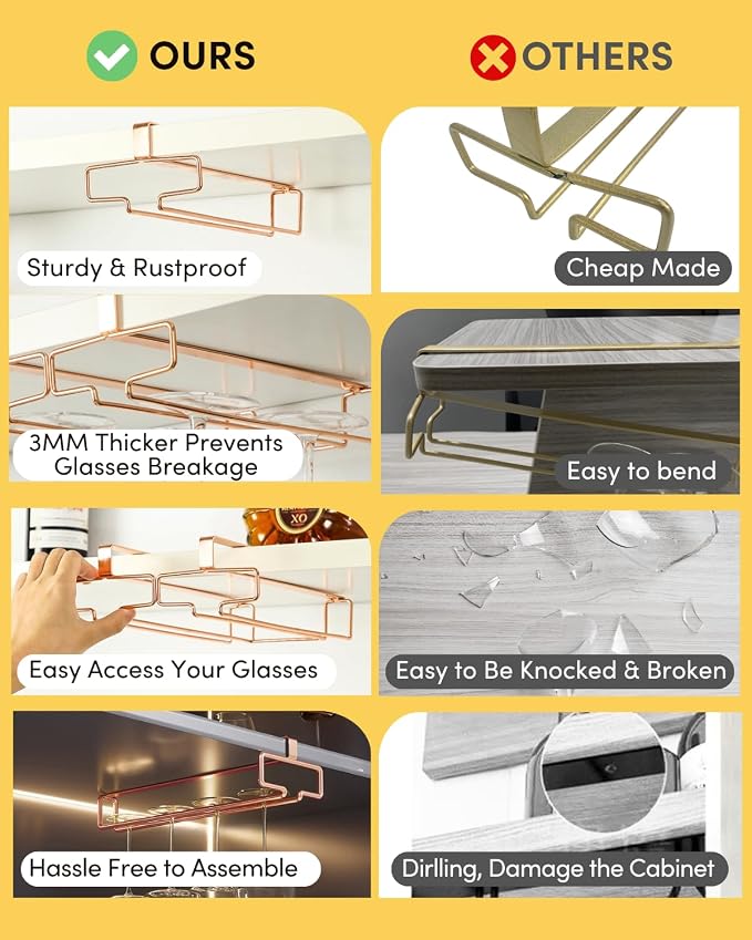 LINFIDITE 2 Pack Under Cabinet Wine Glass Rack Rose Gold Wine Glass Holder Stemware Rack Hanger Kitchen Hanging Storage Rack Organizer (For Partition Thickness under 0.98")