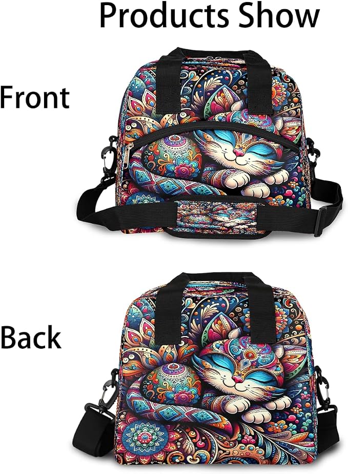 Pardick Art Cat Flower Insulated Lunch Bag for Women Leakproof Lunch Box Large Cooler Thermal Tote Bag with Shoulder Strap Meal Prep Bags for Work School Office Picnic Teen Girls Adult