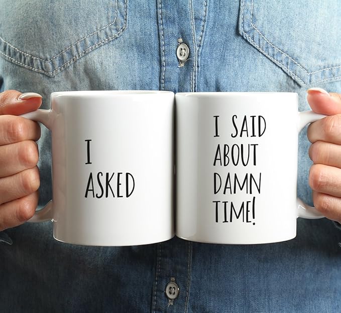 Andaz Press 11oz. Ceramic Ceramic Valentines Day Coffee Mugs Wedding Anniversary Couples Set, I Asked, I Said About Damn Time!, 2-Pack, Bride Groom Bridal Shower Wedding Valentines Day Ideas