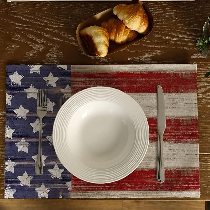 Bloss Patriotic 4th of July Placemats Set of 6, Memorial Day 12" x 18" Linen Table Mats for Party Kitchen Dining Decoration, Retro Vintage Independence Day Disposable Place Mats