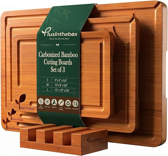 Cutting Boards for Kitchen, Bamboo Cutting Board Set of 3 with Storage Stand, Carbonized Chopping Boards with Deep Juice Grooves and Handles for Meat, Bread, Dough Kneading and Food Prep