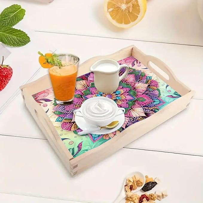 BAYUNOE DIY Diamond Serving Tray Rectangular Breakfast Tray with Handle Handmade Diamond Art Painting Wooden Tray Spring Creative Dinner Plate Coffee Room Living Home Organizer-Mandala