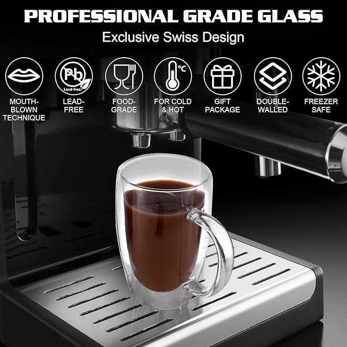 Clear Glass Double Wall Insulated Round Coffee Mugs Set of 2 Pieces - Large Size 16oz Best Reusable Coffee Mug for Home Cafe Restaurant Perfect for Espresso Capucinno Lungo Latte Coffee