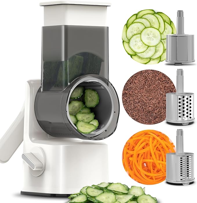 Safe Vegetable Mandoline Slicer Large Multifunctional Rotary Cheese Grater Hand Crank Easy Rotating Veggie Shredder Anti-Cutting, 3 Interchangeable Blades (WhiteGrey)