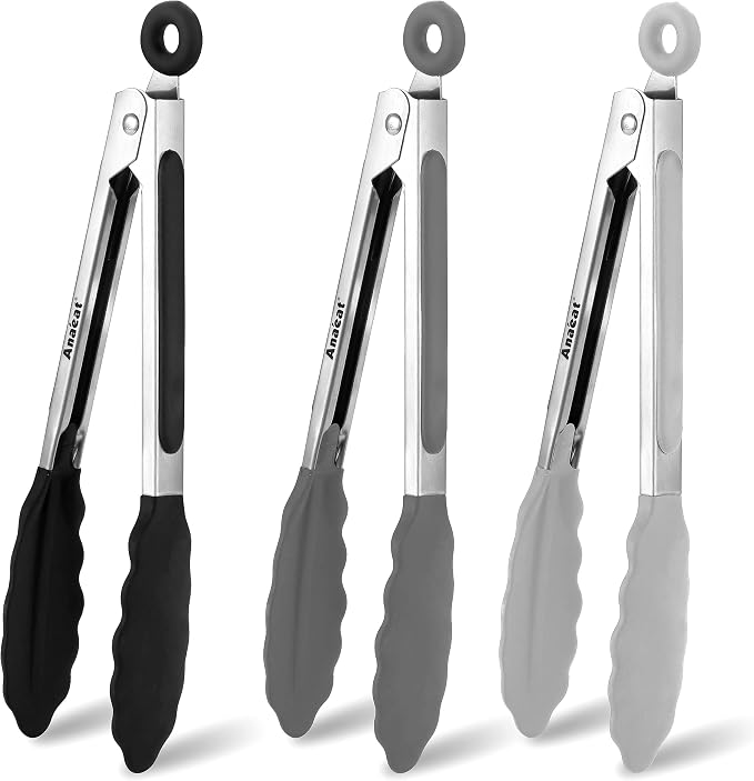 Anaeat 3 Pack 7" Mini Non-Stick Silicone Locking Tongs - Stainless Steel Kitchen Food Tong with Non-Slip Silicone Tips and Grip for Cooking, Baking and BBQ - Metal Tongs Heat Resistant up to 480°F