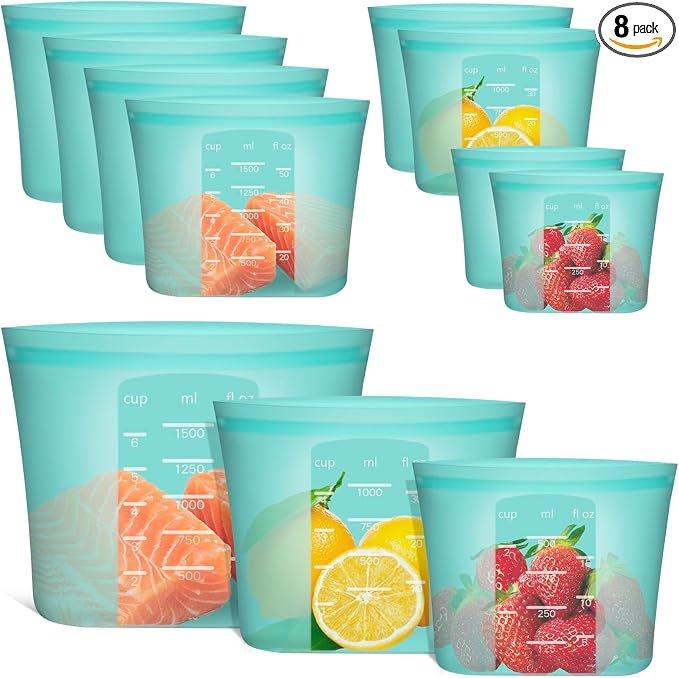 Reusable Food Bags, 8 Pack 100% Silicone Food Storage Bags Stand Up Zip Lock Container, Freezer Microwave Oven Dishwasher Safe, 4 Medium 2 Small 2 Extra Small, Aqua