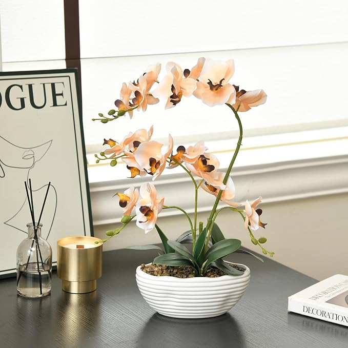 19" H Phalaenopsis Faux Orchid Plant Silk Orchid Centerpiece Artificial Floral Arrangement in Ceramic Pot (Champagne)