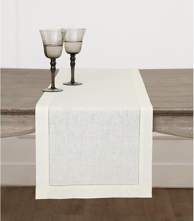 Solino Home Linen Ivory Table Runner 144 Inches Long - 100% Pure Linen Extra Long Table Runner 14 x 144 Inch for Summer - Classic Hemstitch