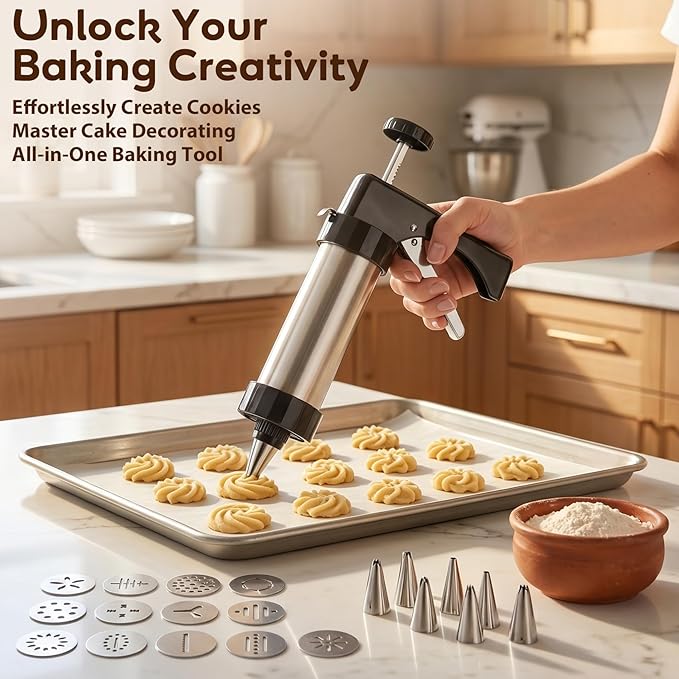 Cookie Press Gun Kit, Stainless Steel – 13 Discs + 8 Nozzles, Perfect for DIY Cookies & Decorating, Baking Gift for Women