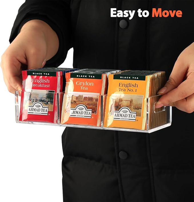 FUCDTEFC Tea Bag Organizer, Small Clear Tea Bag Holder for Drawer Kitchen Cabinets Pantry Countertops Organizers Storage, BPA-Free Acrylic Coffee Pods, Sugar Packets,Plastic Teabag Bins Home Organizer