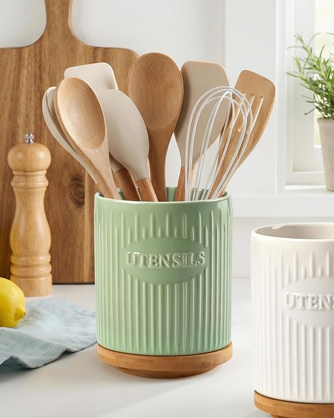 360° Rotating Utensil Holder, 7.6" Large Ceramic Kitchen Utensil Holder for Countertop with Rotatable Bamboo Base, Stable Cooking Utensil Crock, Farmhouse kitchen Decor, Green