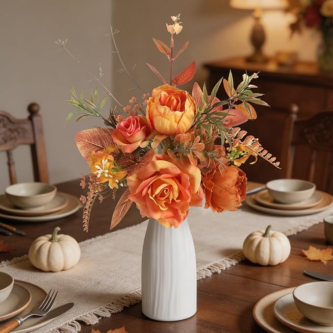 Small 11.8" Artificial Flowers in Ceramic Vase - Orange Silk Flower Centerpiece for Dining Table, Office, Wedding & Farmhouse, Home Decor