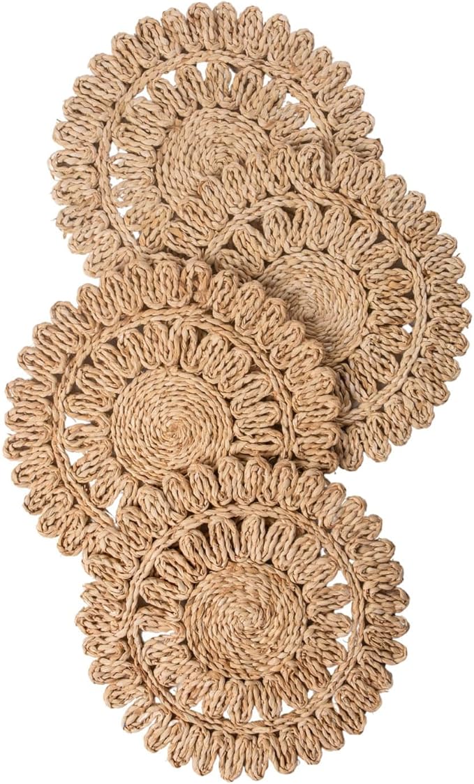 Laquedecraft 15" Set of 4 Round Corn Husk Placemats | Boho Woven Rattan Table Mats | Farmhouse Wicker Spring Plate Chargers Like Water Hyacinth, Seagrass for Wedding, Party, Christmas, Events