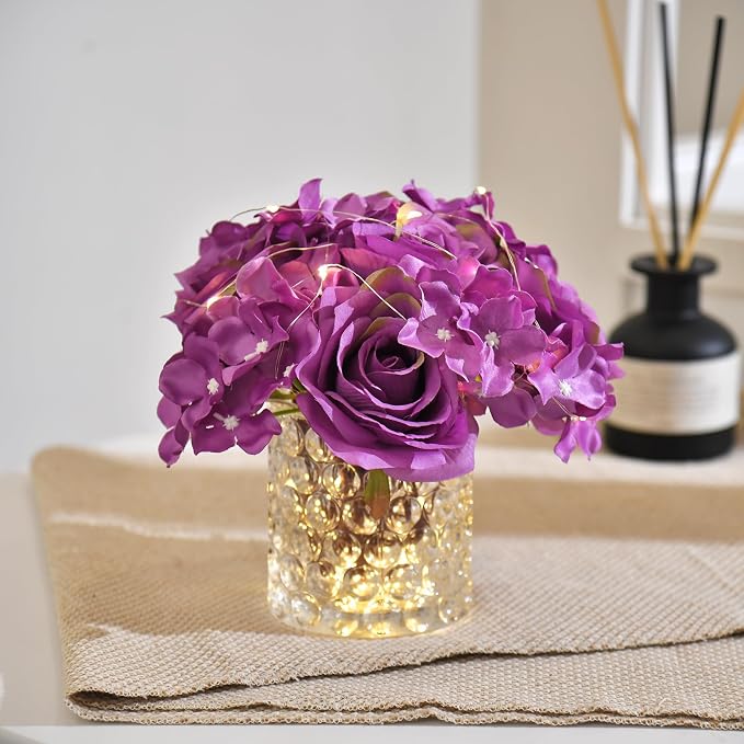 Rose Silk Flower Arrangement Artificial Vivid Rose in Glass Vase with LED Light Elegant Centerpiece for Home Wedding Bathroom Table Shelf Decoration (Purple)