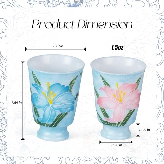 KAMMAK Ceramic Tea Cups Small, Cute Vintage Coffee Cup Set of 2, Porcelain Teacups Espresso Mug, 1.5oz Hand Painted Chinese Afternoon Tea Party Mugs, Birthday Gift for Women Men, Hand-Piled Lily