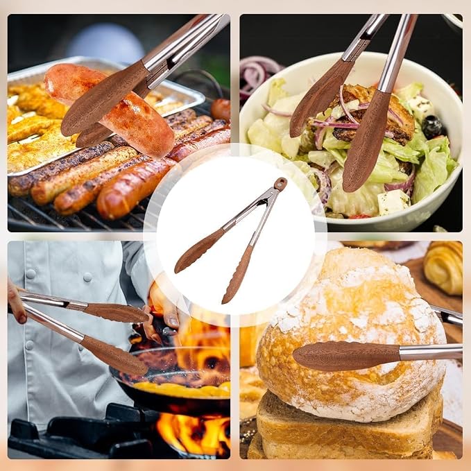 Walnut Wooden Kitchen Cooking Tongs with Hanging Hole and Wooden Tips, Heat Resistant, Anti-Slip, for Serving Food, Grilling, Cooking, BBQ and Tossing Salad, Stainless Steel, 12 Inch