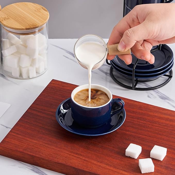 YOLIFE 2.5oz Espresso Cups Set of 4, Porcelain Stackable Espresso Cups with Saucers and Metal Stand, Expresso Shots Cup-Blue