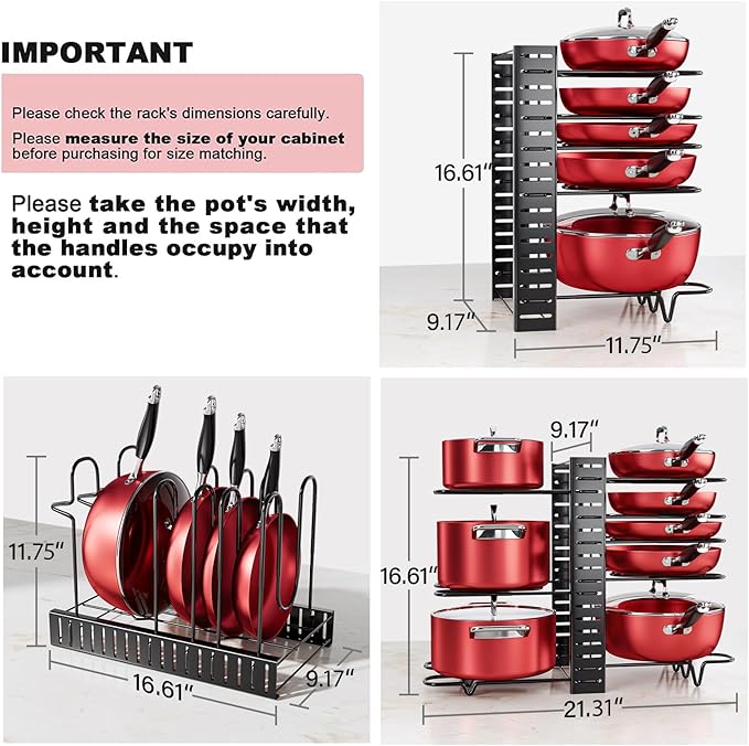 MUDEELA 8-Tier Pots and Pans Organizer under Cabinet, 16.61" Height Light Duty Pot and Pan Organizer Kitchen Cabinet Organization and Storage, Adjustable Pot Rack with 3 DIY Methods for Lids, Bakeware