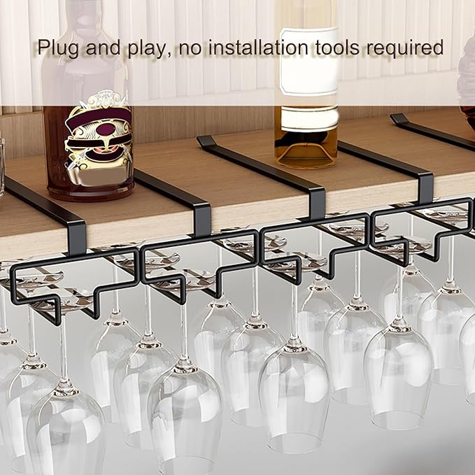 Wine Glass Holder, Hanging Wine Glass Rack Under Cabinet, No Drilling Wine Glass Storage Organizer, Wine Glasses Rack Organizer, for Kitchen Bar Restaurant(Black)