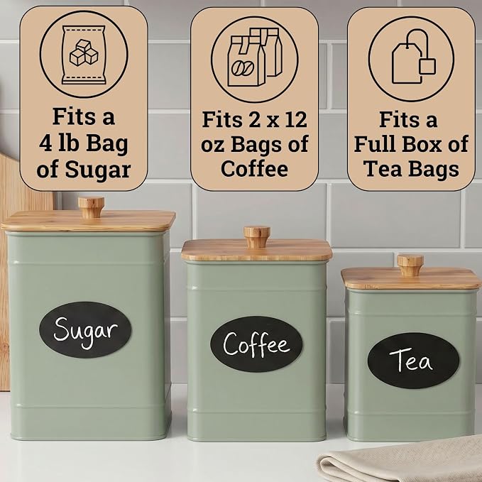 Kitchen Canisters for Countertop Set of 3 with Customizable Chalkboard Labels & Marker Pen - Big Iron Kitchen Canisters with Airtight Lids - Sage Green Canister Set - Flour and Sugar Containers