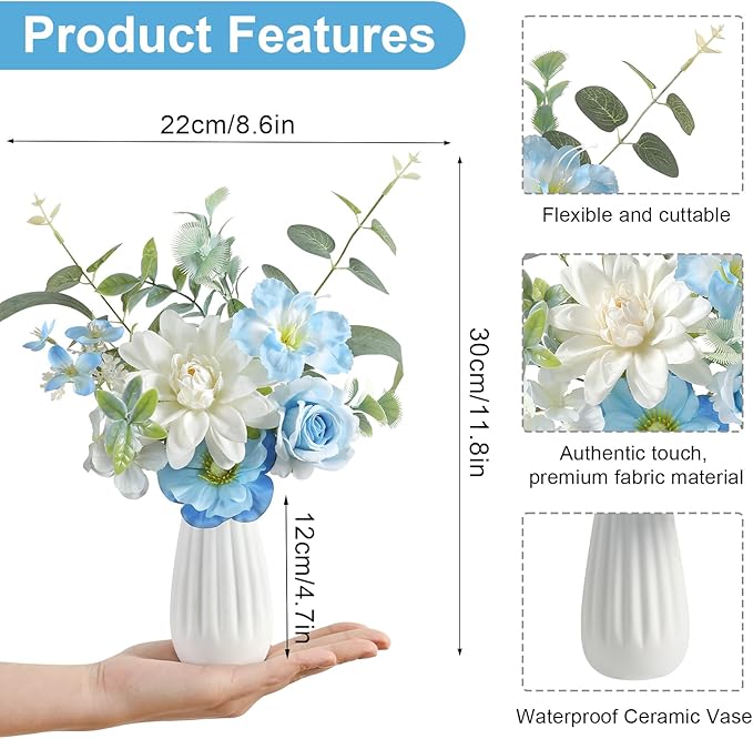 Small 11.8" Artificial Flowers in Ceramic Vase - Blue Silk Flower Centerpiece for Dining Table, Office, Wedding & Farmhouse, Home Decor Gifts