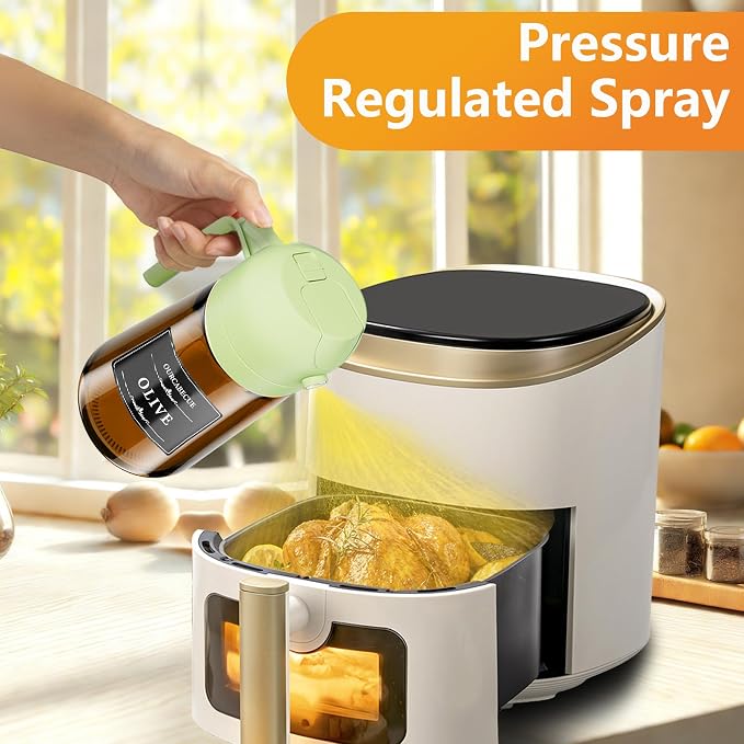 OURCABECUE 2 in 1 Olive Oil Sprayer for Cooking, 16oz Olive Oil Dispenser Bottle for Kitchen, Light-Blocking Dark Glass Oil Bottle, Food-Grade Oil Mister with 8 Oil Stickers (Brown Bottle-Green Cap)