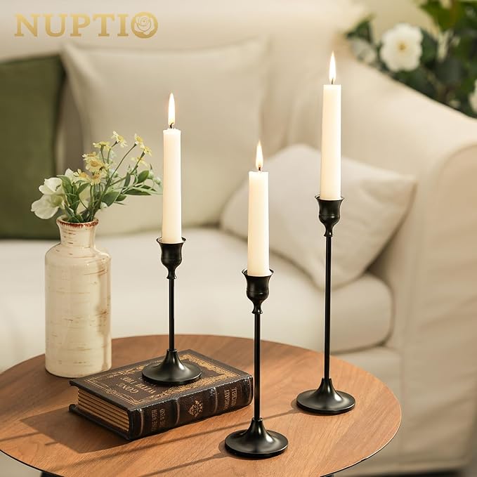 Nuptio Black Candle Holder Candlestick Holders Candle Sticks Holder Tapered Candle Holder Gothic Taper Candle Holders for Halloween Christmas Party Mantel Dinner Home Decoration 2 Sets(6 Pcs)