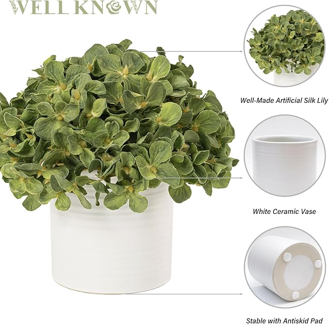 Hydrangea Fake Flowers in Vase, Artificial Flowers with Ceramic Vase Small Faux Potted Plant Arrangements for Bathroom Home Desk Kitchen Counter Vanity Shelf Coffee Table Centerpiece Decor (Green)