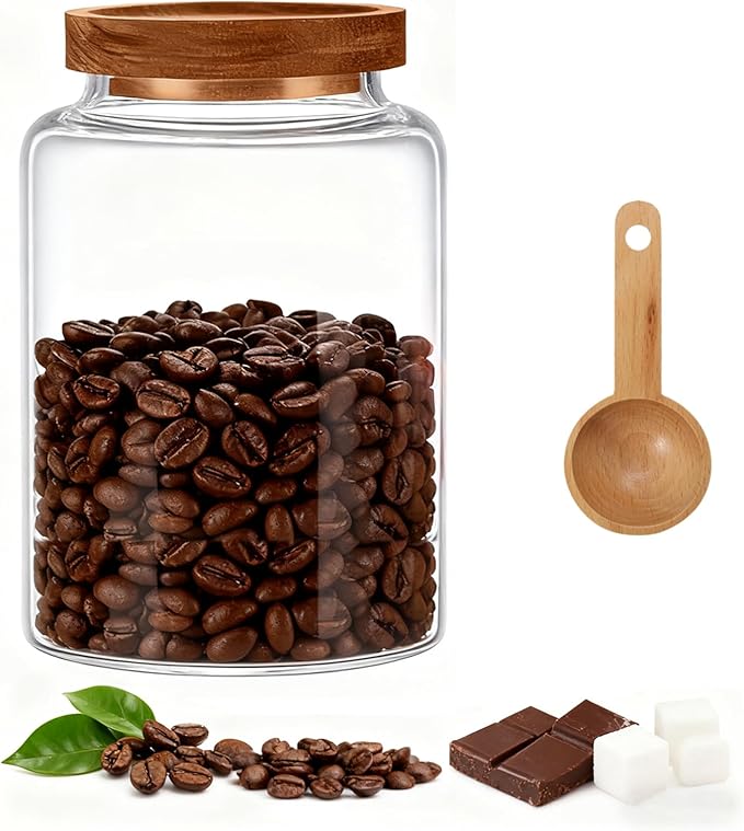 Glass Coffee Storage Jar with Lids Spoon Kitchen Borosilicate Glass Food Canister Containers for Sugar Ground Flours Coffee Beans Nut Pasta Spice Rice Loose Tea