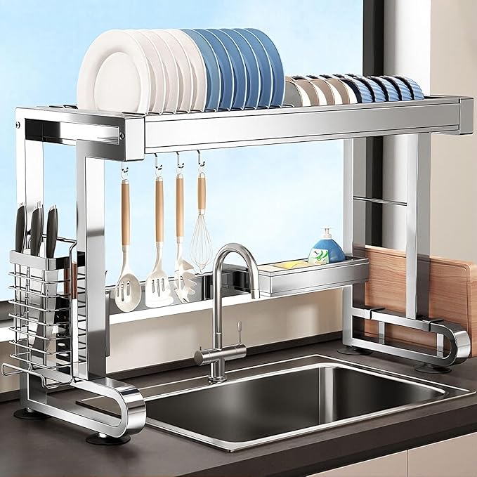304 Stainless Steel Over The Sink Dish Drying Rack, 1/2 Tier Multifunctional Countertop Dish Storage Rack Sink for Countertop Storage(Single Layer,76cm/29.9in)