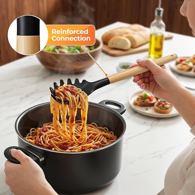 WISELIFE Kitchen Utensils Set - 33 PCS, Heat-Resistant Silicone Cooking Utensils Set with Wooden Handle, BPA-Free Kitchen Gadgets Spatula Sets with Holder for Nonstick Cookware (Black)