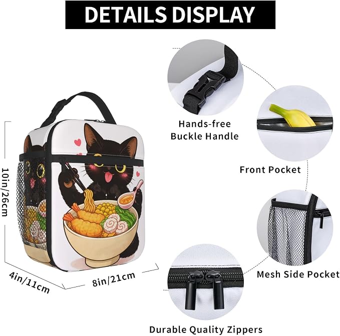 Black Cat Ramen Portable Lunch Bag, Insulated Lunch Box Reusable Totes for Women Men Adults, Lunchbag for Work Picnic Camping