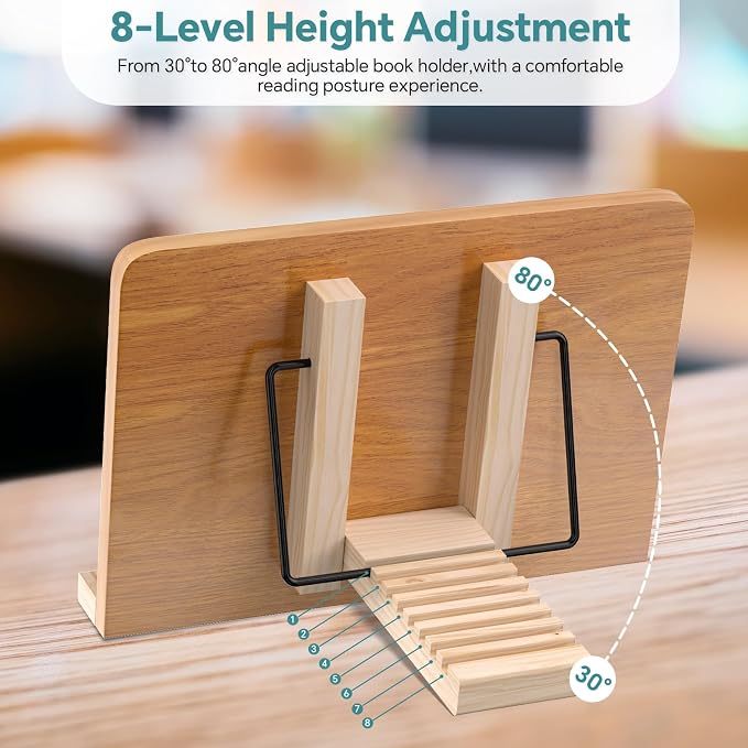 Book Stand,8 Adjustable Height Holder Tray with Elastic Page Paper Clips for Textbook/Cookbook/Music Scores/Tablet,Lightweight Reading Hands Free Desktop Document Book Mount,Bamboo Reading Holder