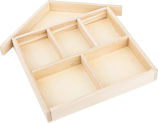 Hammont Wooden Tray – 3-Pack – House Shaped Sectional Divided Serving & Snack Platter for Appetizers, Veggies, Montessori Activities - 9"x1"x1" (House)