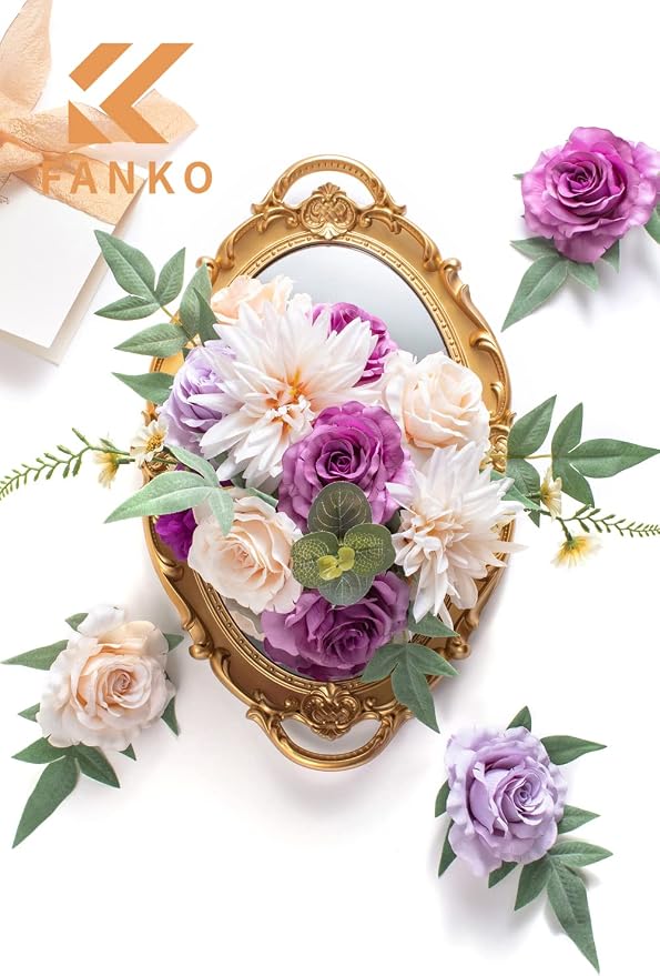 FANKO Artificial Flowers for DIY Bouquet, Purple Mauve Faux Rose, Ivory Peach Fake Flower Rose Dahlia Daisy for Vase, Floral Arrangement, Centerpieces, Wedding, Home Decor, Party Decoration