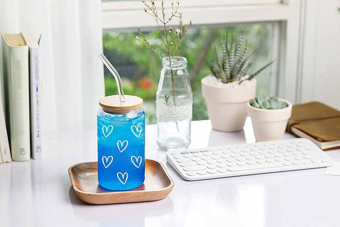 NewEleven Mother Day Gift For Her - Cute Glass Coffee Cups With Lids And Straw – Aesthetic Cups – Iced Coffee Cup, Coffees Tumbler – Gifts For Women, Friends, Coffee Lover - 16 Oz Coffee Glass